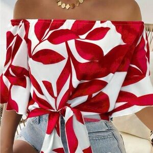 Off-Shoulder Red & White Tie-Front Women's Top